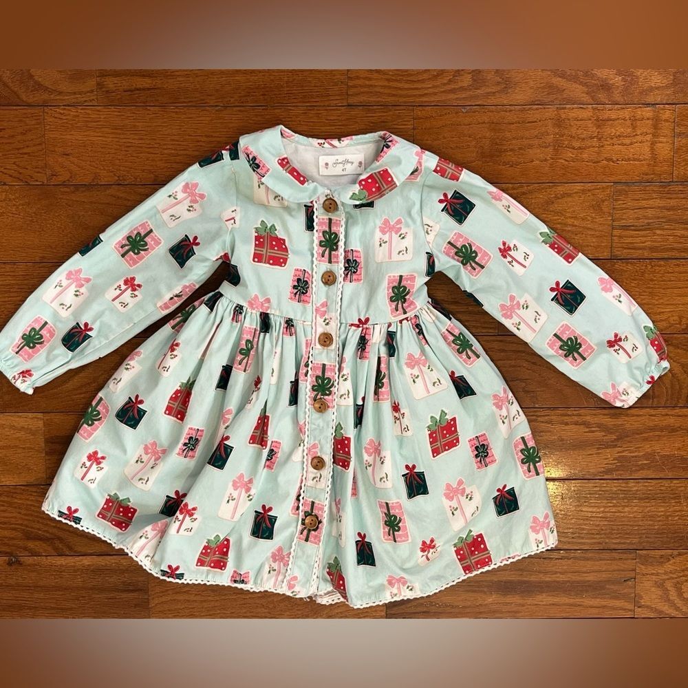 SweetHoney Mint Gift Print Long Sleeve Dress Girls 4T - Picture 2 of 4